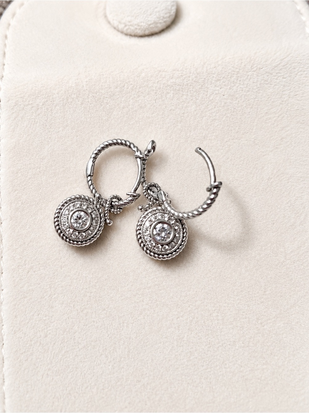 REAL White Gold  Twist Hoop Drop Earrings with Diamond Halo Discs - - Picture 3 of 6